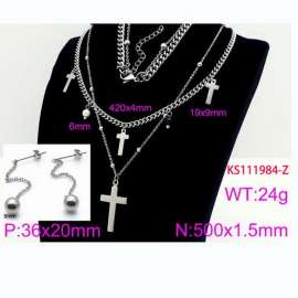 Women Stainless Steel 450mm Necklace&Earrings Jewelry Set with Christian Cross Charms