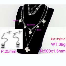 Women Stainless Steel 450mm Necklace&Earrings Jewelry Set with Square Christian Cross Charms