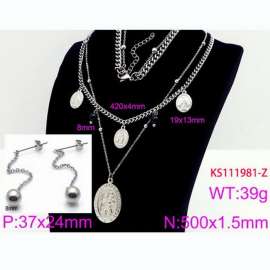 Women Stainless Steel 450mm Necklace&Earrings Jewelry Set with Christian Saint Charms
