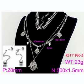 Women Stainless Steel 450mm Necklace&Earrings Jewelry Set with Fatima Hand Charms