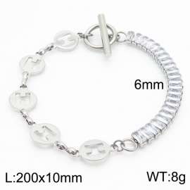 6mm Stainless Steel Bracelet OT Chain Half H Round Fittings Half Zircons Silver Color