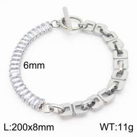 6mm Stainless Steel Bracelet OT Chain Half Quadrilateral Link Chain Half Zircons Silver Color