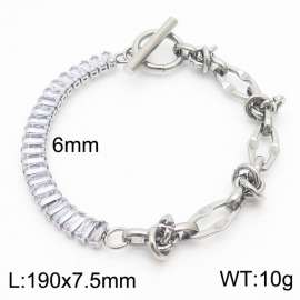 6mm Stainless Steel OT Bracelet Chain Half Geometric Link Chain Half Zircons Silver Color