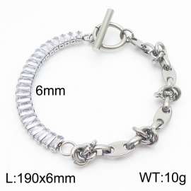 6mm Stainless Steel Bracelet OT Chain Half Geometric Link Chain Half Zircons Silver Color