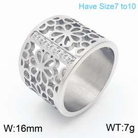 Ladies' ring with diamond set in stainless steel with wide face and flower shape