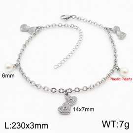 3mm Stainless Steel O Chain  Bracelet Link Chain With Heart and Plastic Pearls Silver Color