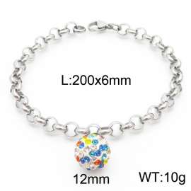 6mm Stainless Steel O Chain  Bracelet Link Chain With Colorful Stone Ball Silver Color