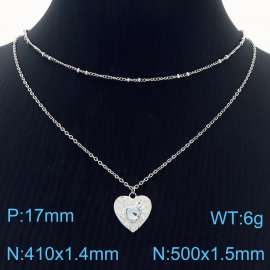 Stainless Steel Necklace Double Link Chain With White Stone Heart Pendant Silver Color