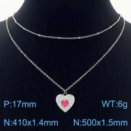 Stainless Steel Necklace Double Link Chain With Red Stone Heart Pendant Silver Color