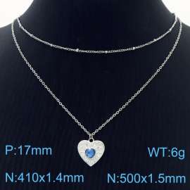 Stainless Steel Necklace Double Link Chain With Light Blue Stone Heart Pendant Silver Color