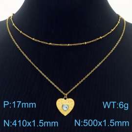 Stainless Steel Necklace Double Link Chain With Light Blue Stone Heart Pendant Gold Color