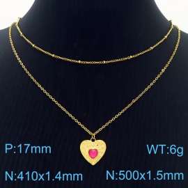 Stainless Steel Necklace Double Link Chain With Red Stone Heart Pendant Gold Color