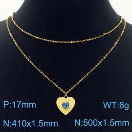 Stainless Steel Necklace Double Link Chain With Blue Stone Heart Pendant Gold Color