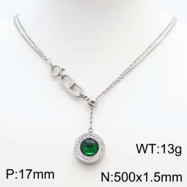Stainless Steel Necklace Link Chain With Green Stone Pendant Silver Color