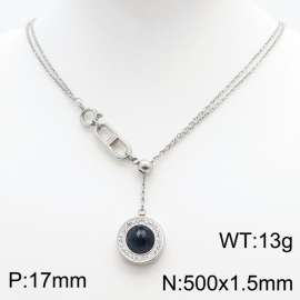 Stainless Steel Necklace Link Chain With Black Stone Pendant Silver Color