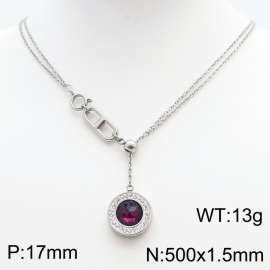 Stainless Steel Necklace Link Chain With Light Red Stone Pendant Silver Color