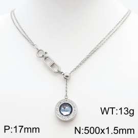 Stainless Steel Necklace Link Chain With Light Blue Stone Pendant Silver Color