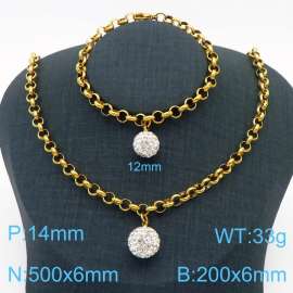 Stainless Steel Set Necklace And Bracelet O Chain With Stone Ball Gold Color
