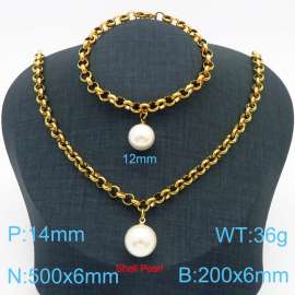 Stainless Steel Set Necklace And Bracelet O Chain With Shell Pearl Gold Color