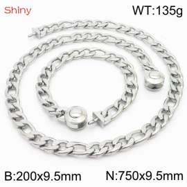 Fashionable stainless steel 200x9.5mm&750x9.5mm3：1 thick chain circular polished buckle jewelry charm silver set