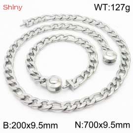 Fashionable stainless steel 200x9.5mm&700x9.5mm3：1 thick chain circular polished buckle jewelry charm silver set