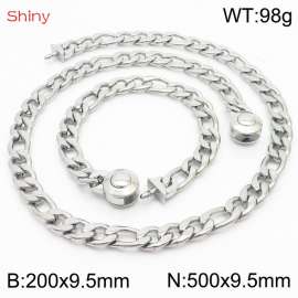 Fashionable stainless steel 200x9.5mm&500x9.5mm3：1 thick chain circular polished buckle jewelry charm silver set