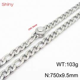 Fashionable stainless steel 750x9.5mm 3：1 thick chain circular inlaid diamond buckle jewelry charm silver necklace