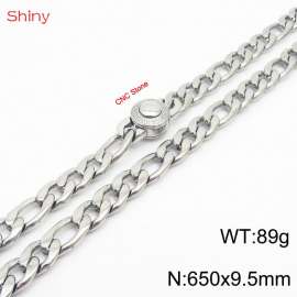 Fashionable stainless steel 650x9.5mm 3：1 thick chain circular inlaid diamond buckle jewelry charm silver necklace