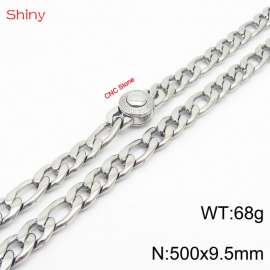 Fashionable stainless steel 500x9.5mm 3：1 thick chain circular inlaid diamond buckle jewelry charm silver necklace