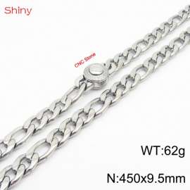 Fashionable stainless steel 450x9.5mm 3：1 thick chain circular inlaid diamond buckle jewelry charm silver necklace