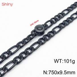 Fashionable stainless steel 750x9.5mm 3：1 thick chain circular inlaid diamond buckle jewelry charm black necklace