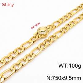 Fashionable stainless steel 750x9.5mm 3：1 thick chain circular inlaid diamond buckle jewelry charm gold necklace