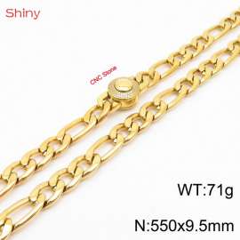 Fashionable stainless steel 550x9.5mm 3：1 thick chain circular inlaid diamond buckle jewelry charm gold necklace