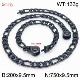 Fashion stainless steel 200x9.5mm&600x9.5mm3：1 thick chain circular polished buckle jewelry charm black set