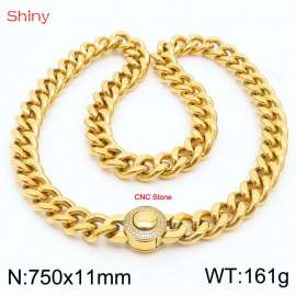 750X11mm Unisex Gold-Plated Stainless Steel&CNC Stones Cuban Links&Round Clasp Necklace
