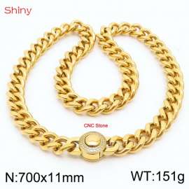 700X11mm Unisex Gold-Plated Stainless Steel&CNC Stones Cuban Links&Round Clasp Necklace