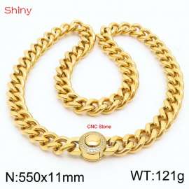 550X11mm Unisex Gold-Plated Stainless Steel&CNC Stones Cuban Links&Round Clasp Necklace