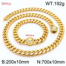 Hip hop style stainless steel 10mm polished Cuban chain with gold plated CNC men's bracelet necklace two-piece set