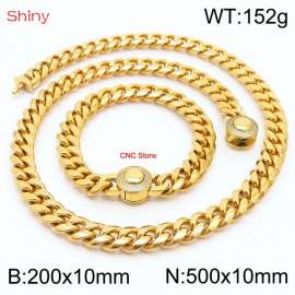 Hip hop style stainless steel 10mm polished Cuban chain with gold plated CNC men's bracelet necklace two-piece set