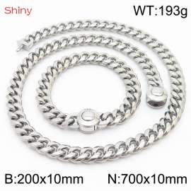 Hip hop style stainless steel 10mm polished Cuban chain  men's bracelet necklace two-piece set