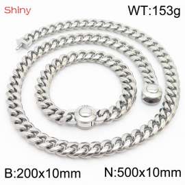 Hip hop style stainless steel 10mm polished Cuban chain  men's bracelet necklace two-piece set