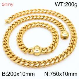 Hip Hop Style Stainless Steel 10mm Polished Cuban Chain Gold Plated Men's Bracelet Necklace Two Piece Set