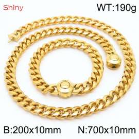 Hip Hop Style Stainless Steel 10mm Polished Cuban Chain Gold Plated Men's Bracelet Necklace Two Piece Set