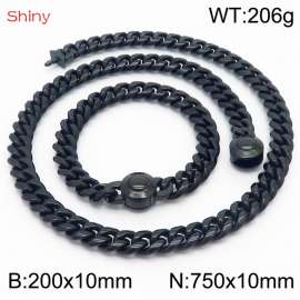 Hip hop style stainless steel 10mm polished Cuban chain plated with black  men's bracelet necklace two-piece set