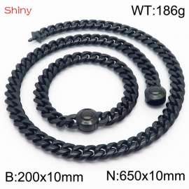 Hip hop style stainless steel 10mm polished Cuban chain plated with black  men's bracelet necklace two-piece set