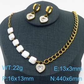 Stainless steel square pearl splicing mixed chain with brick and stone heart-shaped pendant jewelry fashion gold set