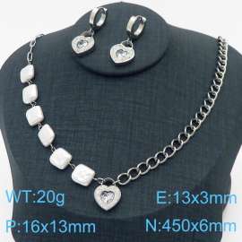 Stainless steel square pearl splicing mixed chain with brick and stone heart-shaped pendant jewelry fashion silver set