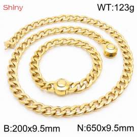 Hip hop style polished stainless steel Cuban chain gold men's necklace bracelet combination two-piece set