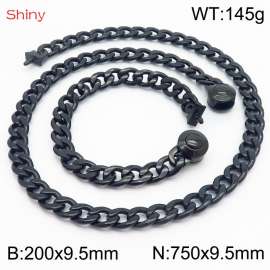 Hip hop style polished stainless steel Cuban chain black men's necklace bracelet combination two-piece set