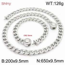 Hip hop style polished stainless steel Cuban chain silver diamond men's necklace bracelet combination two-piece set